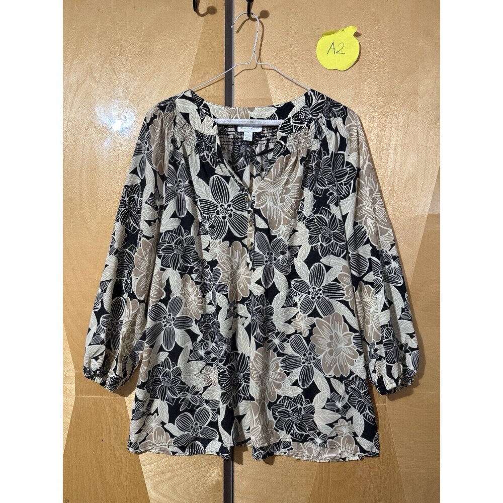 Charter Club Womens M Medium Blouse Brown Black Floral Long Sleeve Lightweight